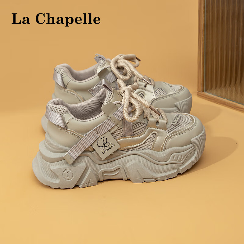 La Chapelle 拉夏贝尔 女鞋厚底增高老爹鞋女夏季网面透气休闲鞋 灰卡色 37 99元