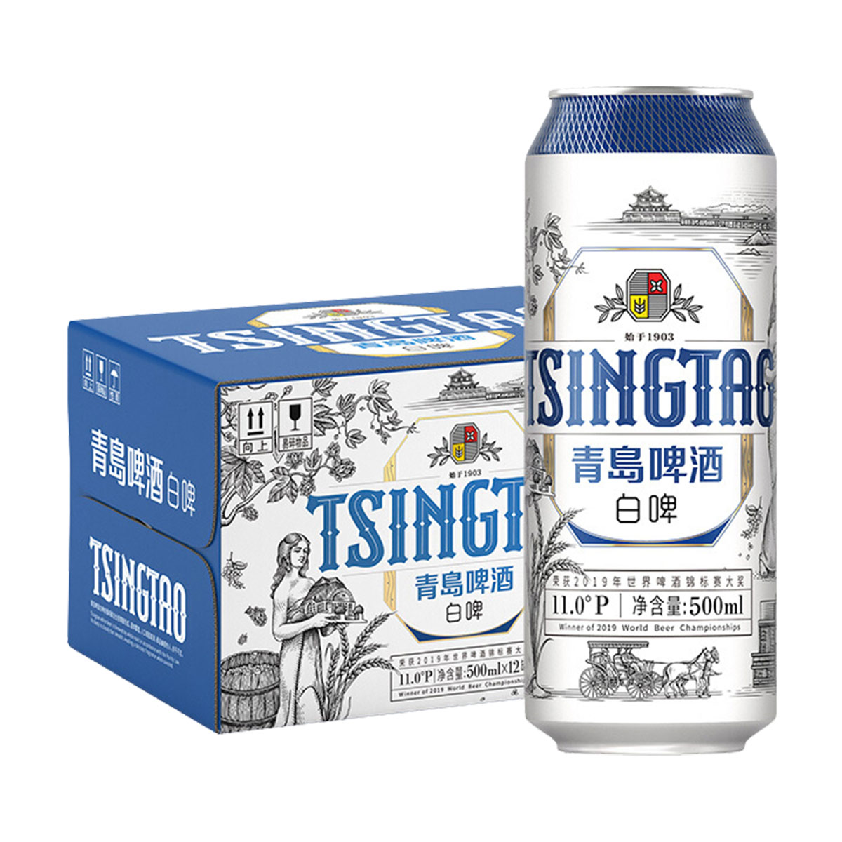 TSINGTAO 青岛啤酒 精酿白啤 浓郁麦香全麦酿造500ml*12听 整箱装 露营出游 54.44元