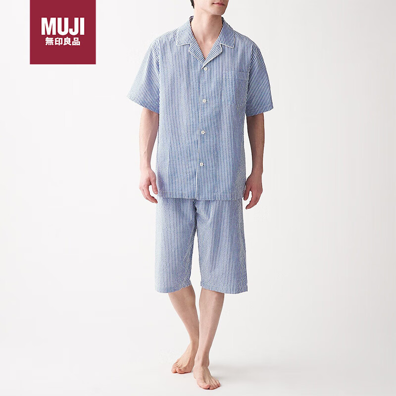 MUJI 無印良品 无印良品（MUJI）无侧缝 泡泡纱 短袖 男士家居服套装 蓝色条纹3s L 150元