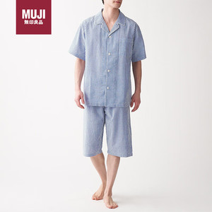 MUJI 無印良品 无印良品（MUJI）无侧缝 泡泡纱 短袖 男士家居服套装 蓝色条纹3s L