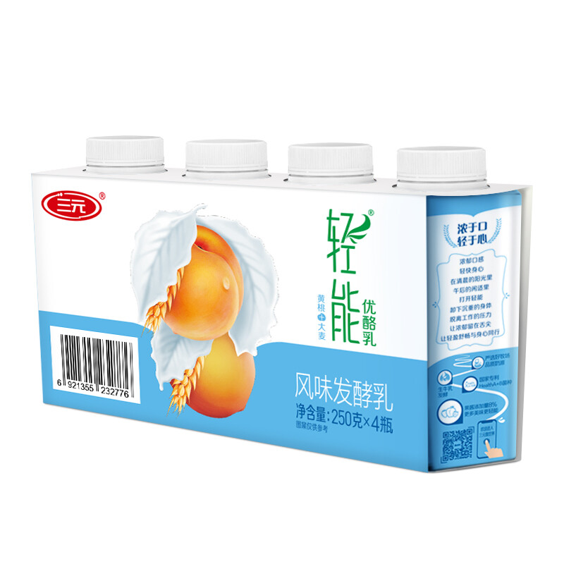 SANYUAN 三元 轻能 优酪乳黄桃+大麦酸奶250g*4/瓶 酸牛奶 健康消食 11.93元