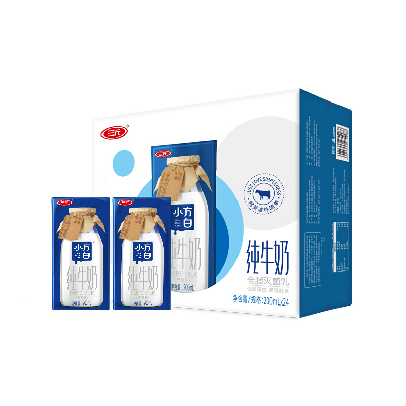 京东百亿补贴：SANYUAN 三元 小方白纯牛奶 200ml*24盒 礼盒装 37.4元