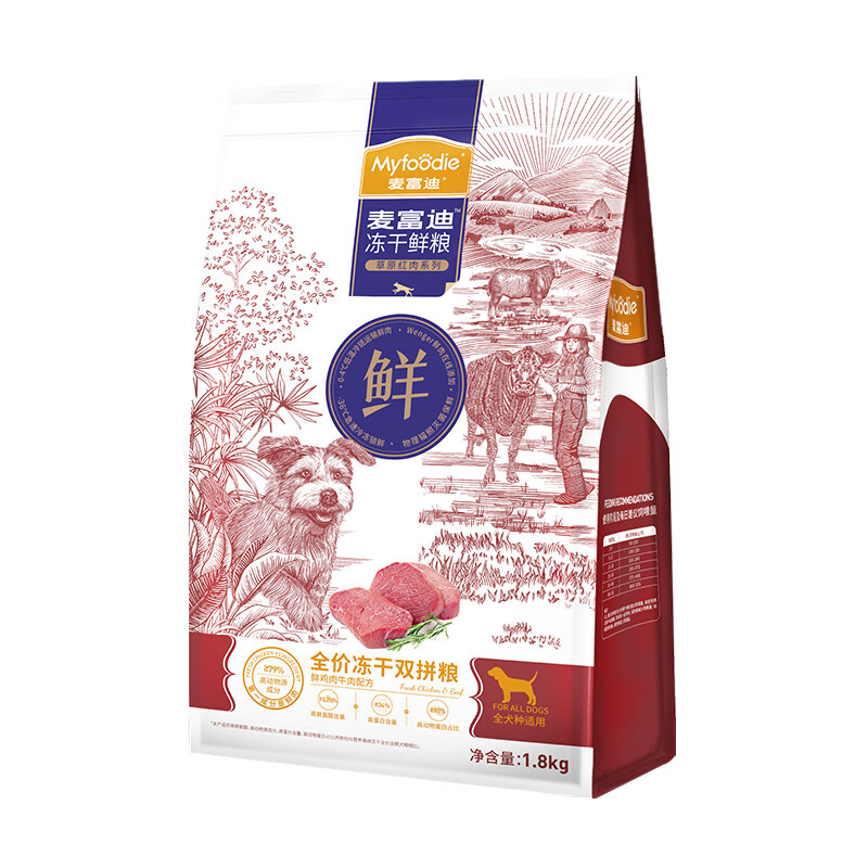 PLUS会员：Myfoodie 麦富迪 狗粮 冻干鲜粮 鲜鸡肉牛肉配方 1.8kg 37.55元