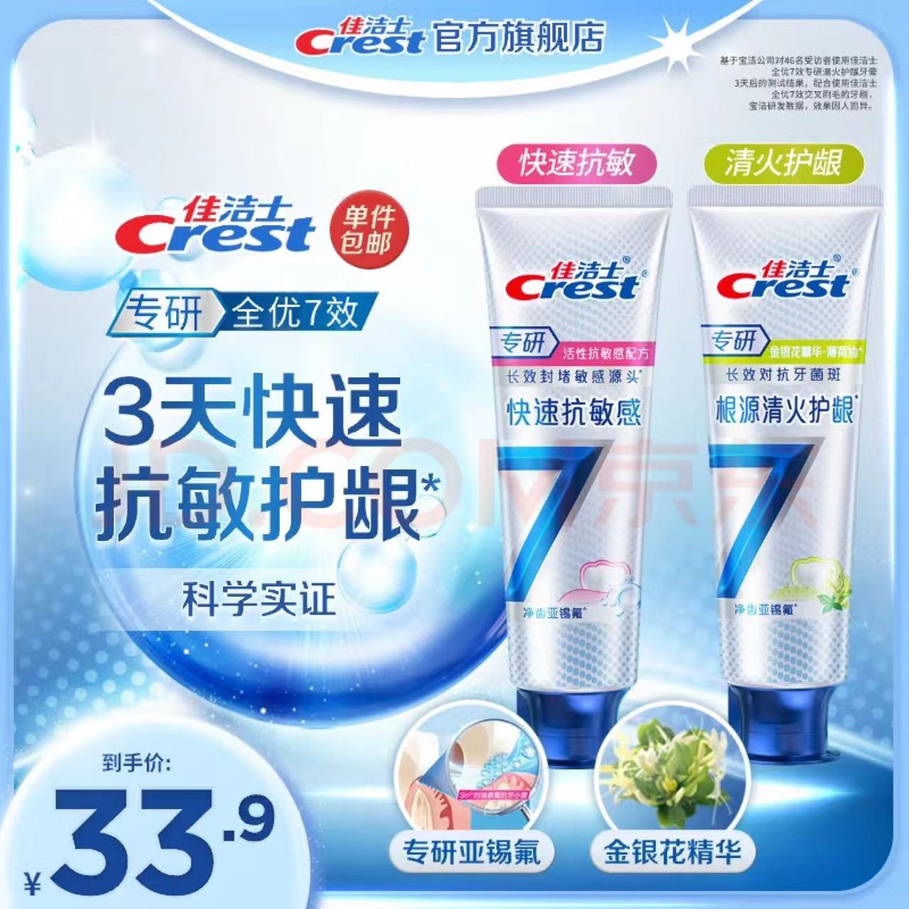 Crest 佳洁士 全优7效含氟牙膏清火抗敏120g*2 22.7元