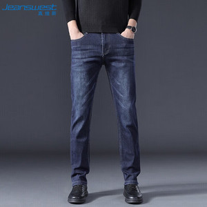 JEANSWEST 真维斯 牛仔裤男2024秋季棉弹修身时尚商务长裤子男宽松直筒裤深蓝色34