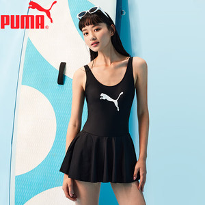 PUMA 彪马 女士泳衣修身遮肚显瘦连体裙式温泉泳装1件 EU-L/ASian-XL（170/95） 黑色大logo