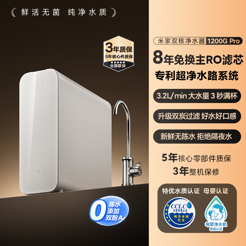 【政府补贴20%】小米米家双核过滤净水机器1200GPro直饮自来水 1789元