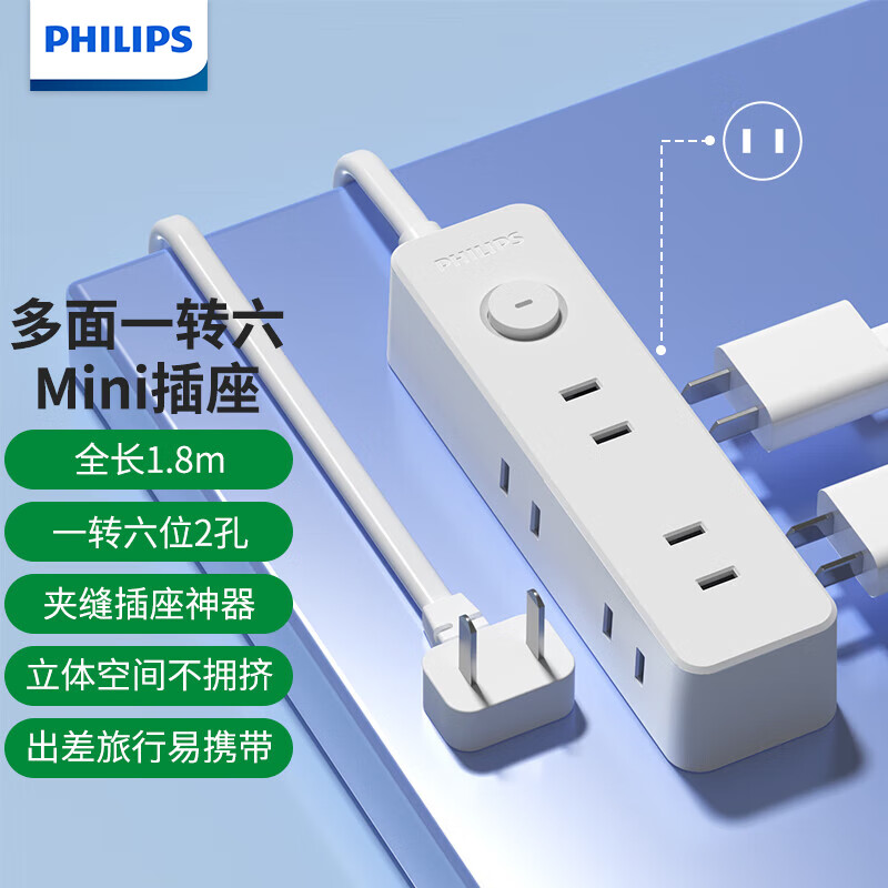 【五星好店】飞利浦PHILIPS 新国标安全插座 插座转换器 一转六（1.8米）总控 18.9元