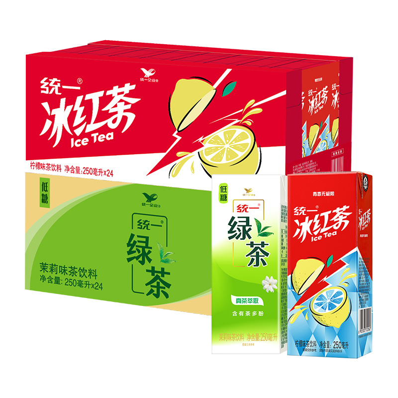 统一冰红茶柠檬饮料250ml*24盒+绿茶低糖250ml*24盒囤货装 47元