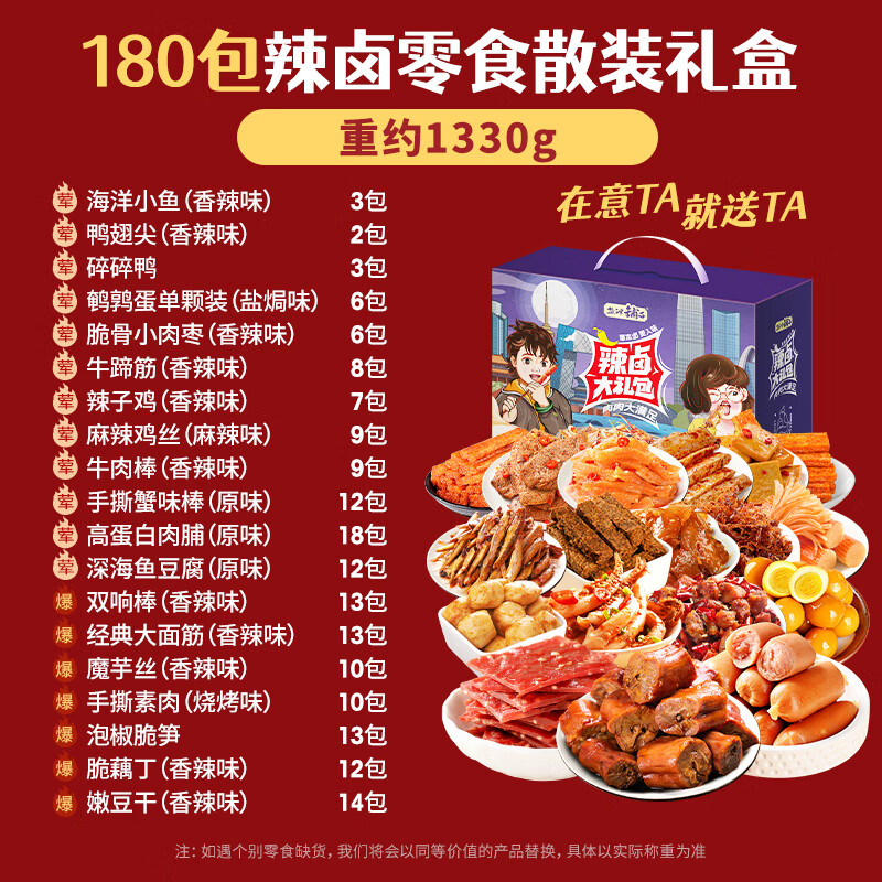 盐津铺子 辣卤零食散装礼盒(180包)约1330g 58.9元