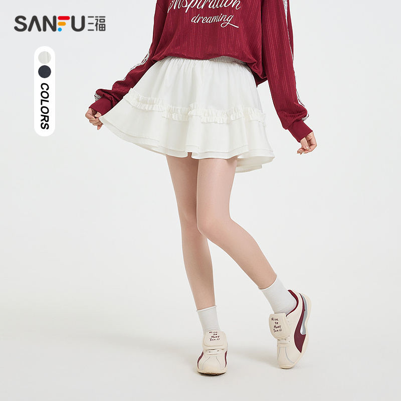 三福半身短裙2025新款夏季木耳边蛋糕裙小个子a字裙子女装497418 101.2元