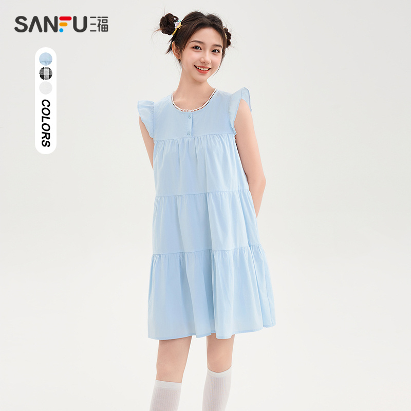 三福连衣裙女2025新款夏季甜美飞飞袖娃娃裙宽松短裙子女装499690 125.3元