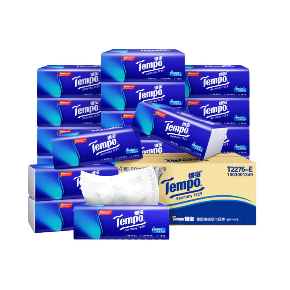 【王一博推荐】Tempo得宝天然无香抽纸餐巾纸4层18包90抽箱装家用 52.89元