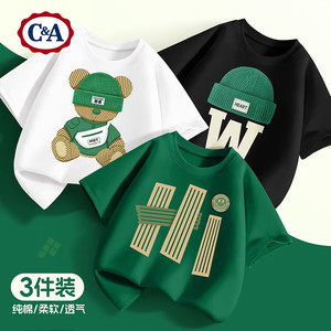 【JD旗舰店】C&A 儿童男孩夏季纯棉短袖t恤 白+绿+黑 3件