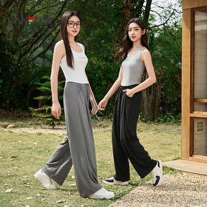 三福休闲裤2025新款夏季宽松高腰显瘦阔腿裤直筒灰色坑条裤子女装