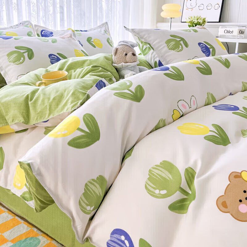 【69.9包邮】软贝 磨毛印花卡通床品套件 兔小妹 2.0m床单款四件套(被套200*230cm） 69.9元