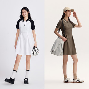 森马连衣裙女收腰修身显瘦chic复古夏季撞色polo连衣裙
