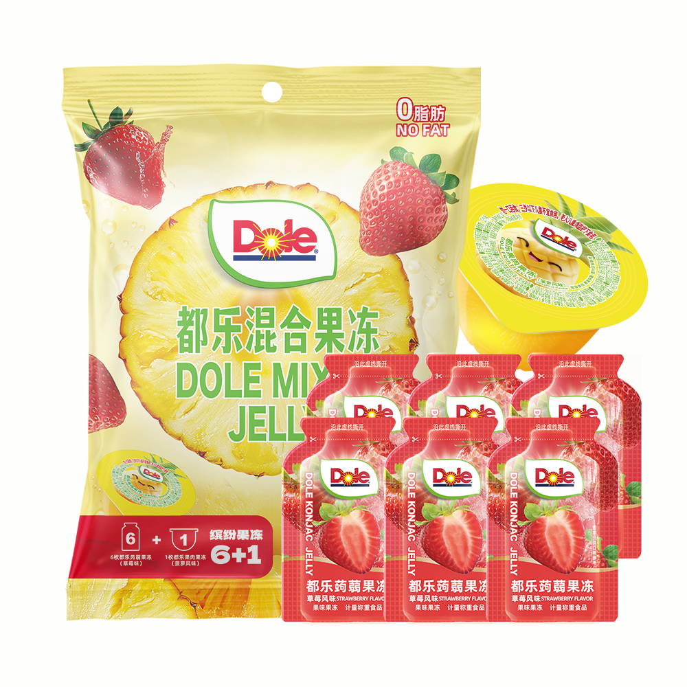 推 dole都乐6+1混合果冻蒟蒻果味果冻草莓菠萝蜜桃+橘子果肉果冻 19.5元