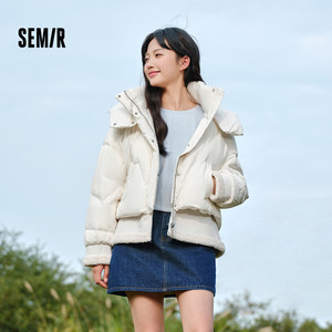 森马羽绒服女2024冬季新款拼接假两件设计感面包服宽松连帽外套女