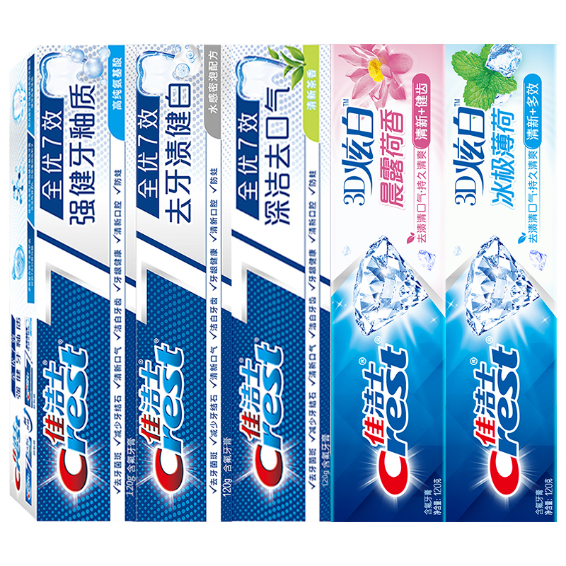 佳洁士全优7效炫白牙膏亮白去黄清新口气套组120g*5支*3套 299.7元
