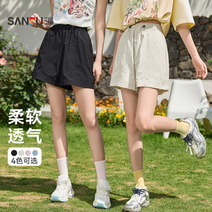 三福短裤2025新款夏季松紧腰宽松百搭时尚小个子休闲黑色裤子女装