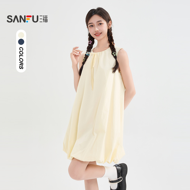 三福连衣裙2025新款夏季绑带设计圆领无袖宽松花苞裙子女装842461 113.7元