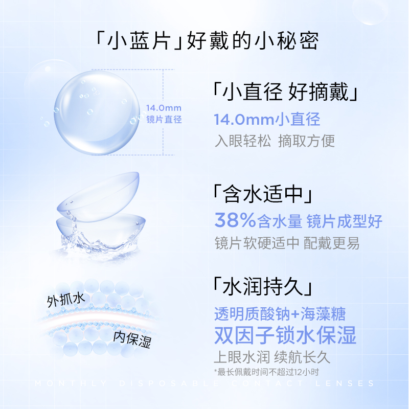 moody小蓝片月抛隐形眼镜2片/6片新手友好舒适清透小直径水润持久