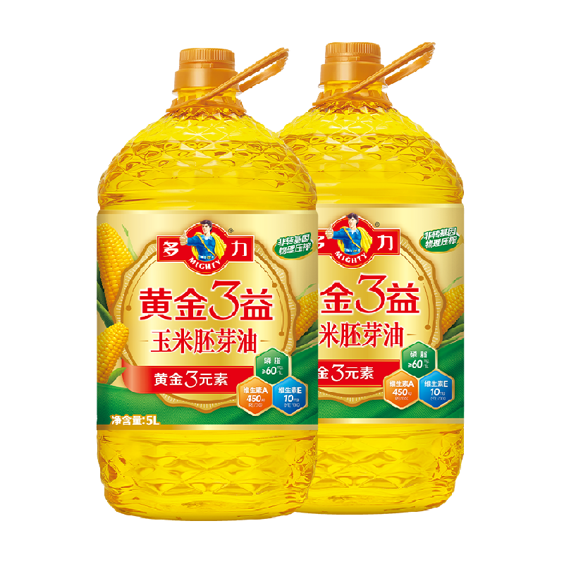 多力玉米油黄金3益5L*2非转基因添加维A、维E、含植物甾醇食用油 189.8元
