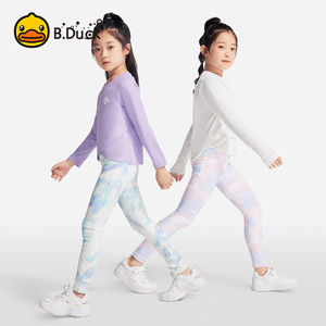 B.Duck儿童女孩运动裤瑜伽训练印花跑步速干紧身打底长裤鲨鱼裤