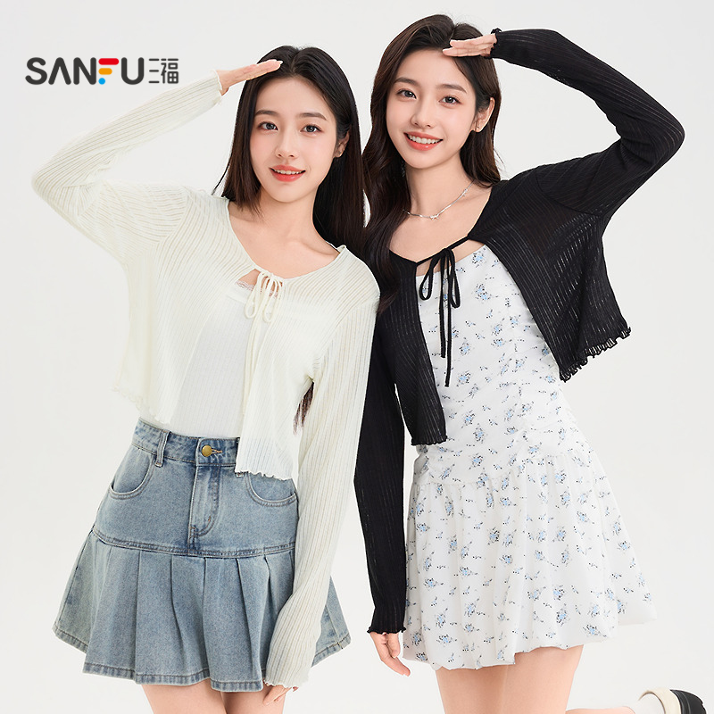 三福开衫女2025新款夏季系带圆领针织披肩小个子短款外套上衣女装 24.6元