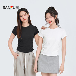 三福短袖T恤女2025新款夏季褶皱设计感修身圆领短款白色上衣女装