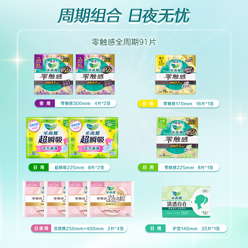 【赠品4选1】花王乐而雅零触感特薄透气日夜卫生巾姨妈巾91片 70元