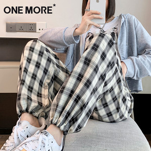 one more格子裤女2025秋季流行风格韩系慵懒显瘦抽绳两穿束脚裤S