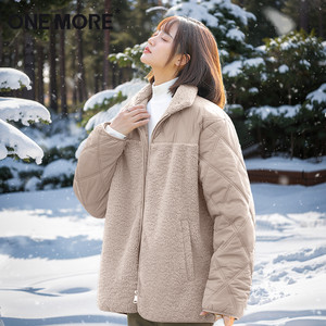 one more拼接棉服女2025新款秋冬季加厚保暖羊羔绒菱格棉袄外套S