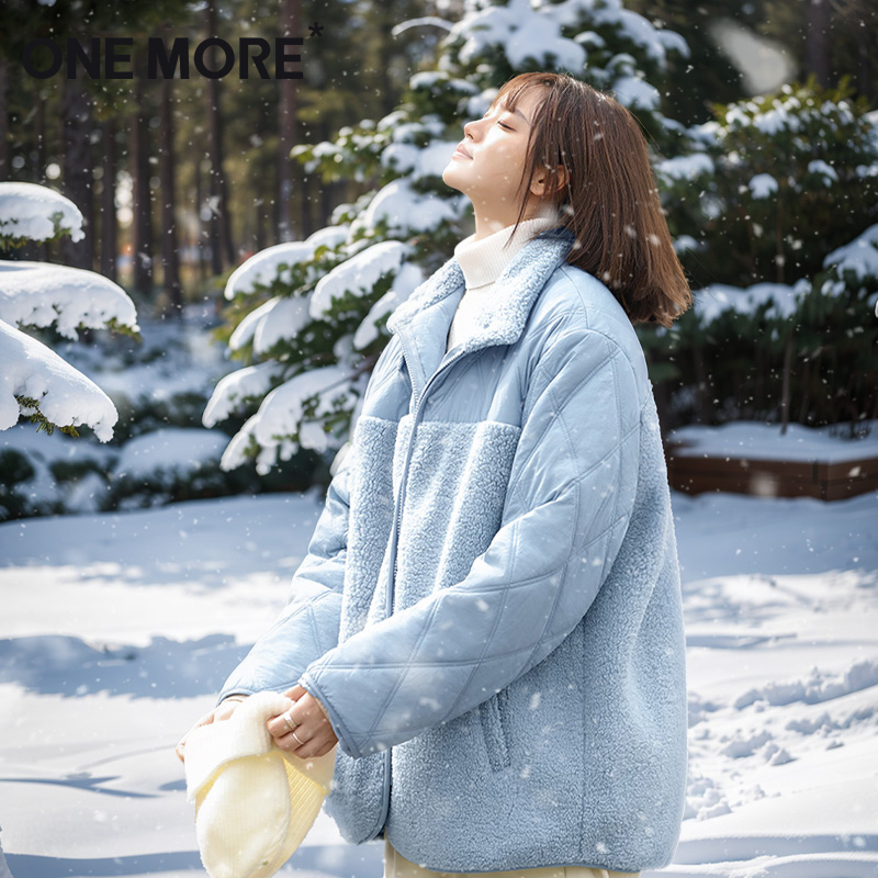 one more羊羔毛外套女秋冬2025新款小个子加绒加厚拼接立领棉服S 59.9元