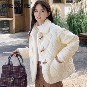 one more牛角扣棉服女秋冬季2025新款小香风加厚棉袄仿貂毛外套Y