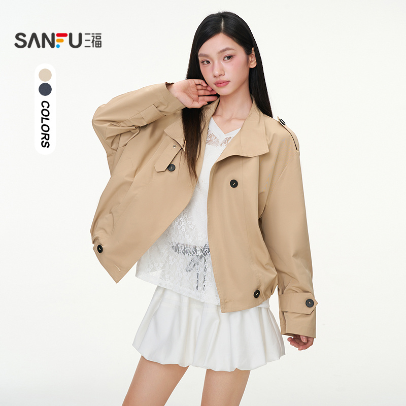 三福短款风衣女2025新款秋季小个子系扣双排扣宽松外套女装507331
