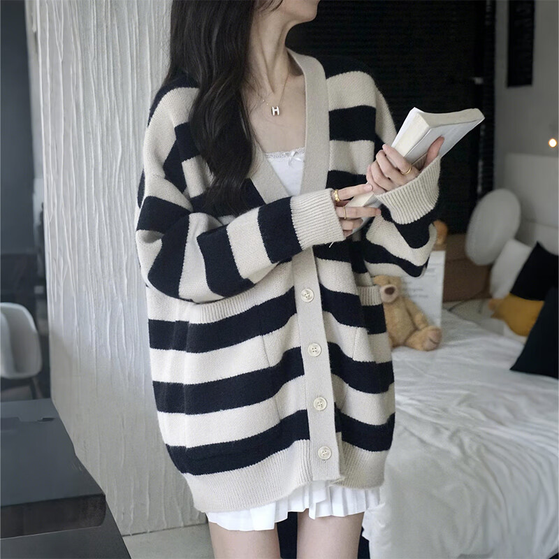 【旗舰店】俞兆林 女士中长款针织开衫外套 条纹杏色 均码衣长68CM 59.9元