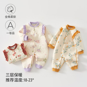 婴儿连体衣a类秋冬季女宝宝衣服加厚保暖纯棉婴儿无骨洋气爬爬服