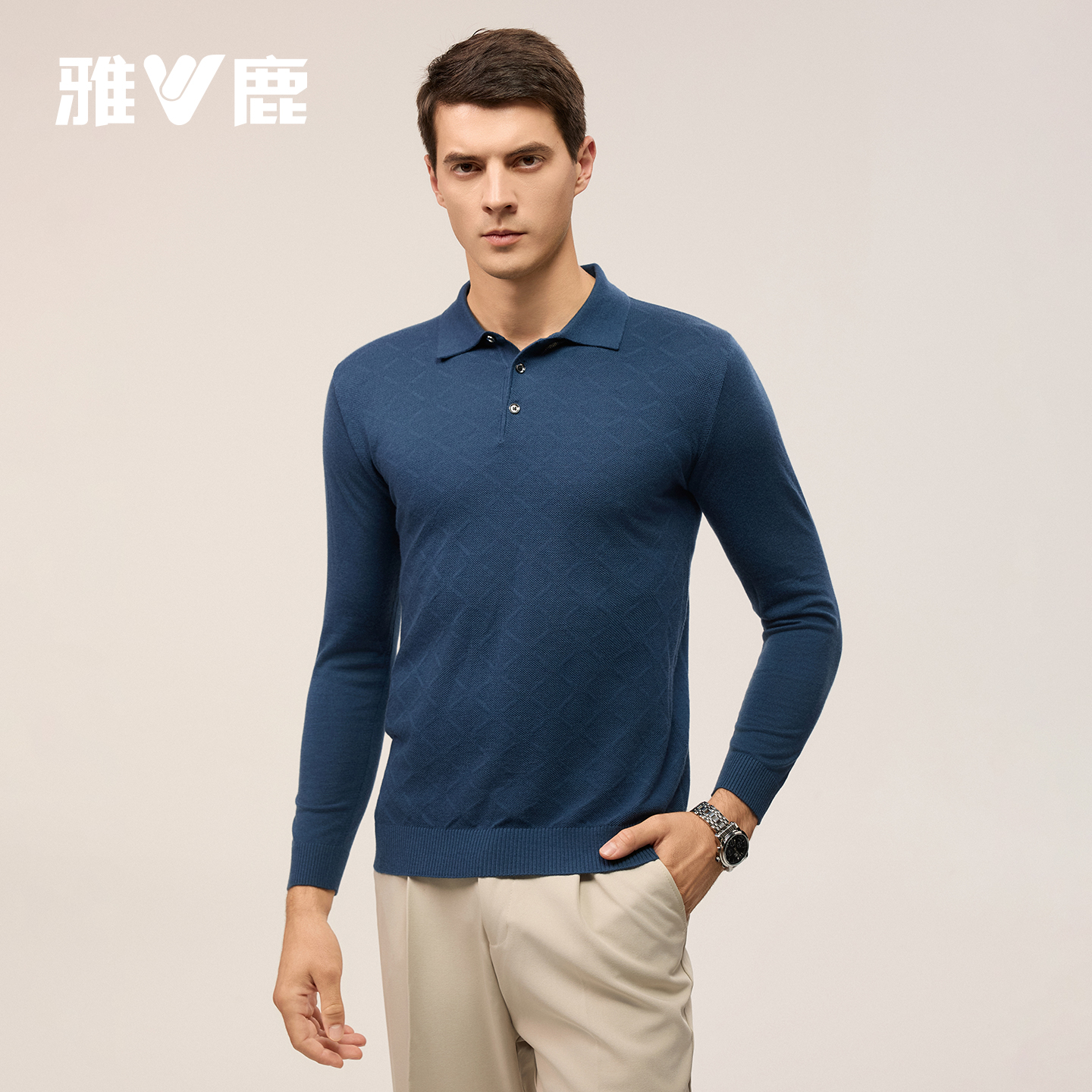 雅鹿2025秋冬新款男士POLO领提花羊毛衫商务休闲绅士针织打底衫