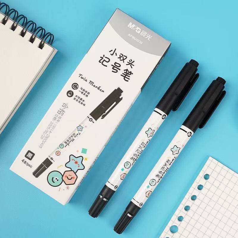 晨光6230水性小双头勾线笔极细0.8mm+粗5mm学生办公手账记号笔 标记笔防渗儿童绘画学习记号笔多材质书写文具