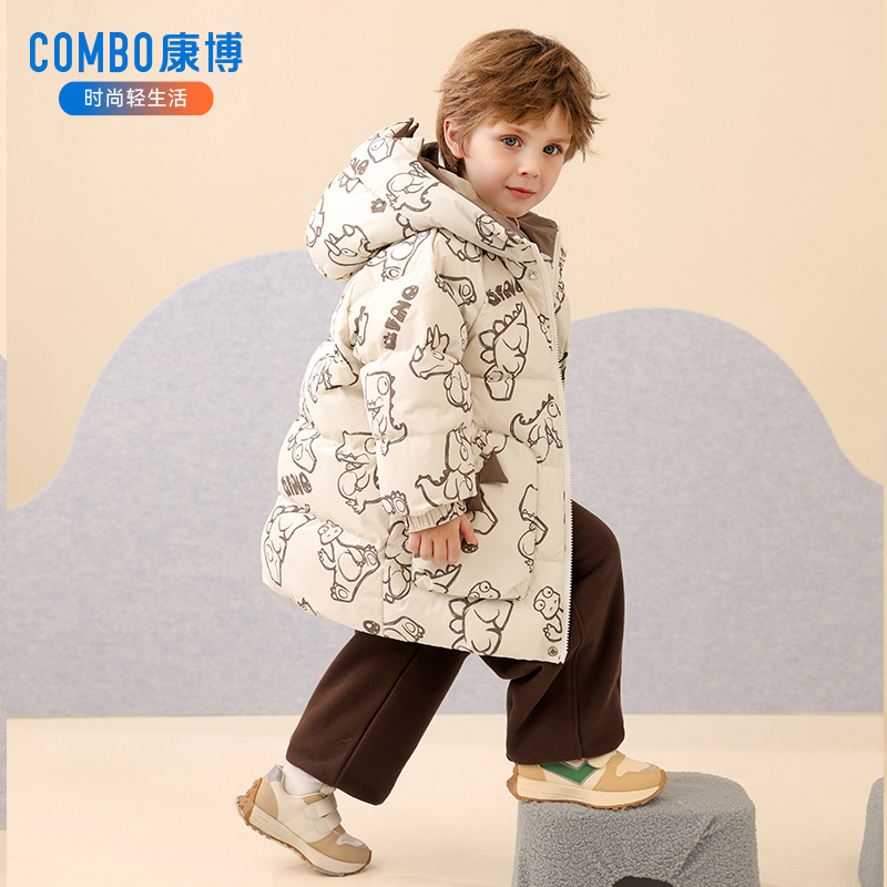 康博儿童羽绒服中长款男童可爱新款宝宝保暖加厚冬装连帽恐龙外套 169.7元