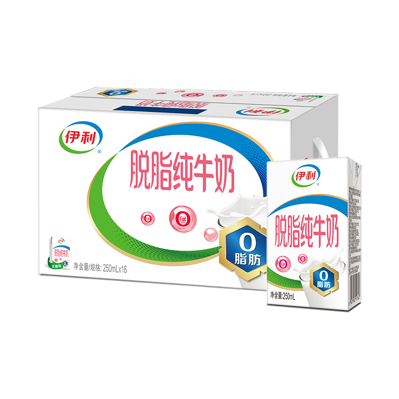 伊利脱脂纯牛奶/纯牛奶250ml*16盒/箱学生早餐营养奶百补【7月】 27.96元
