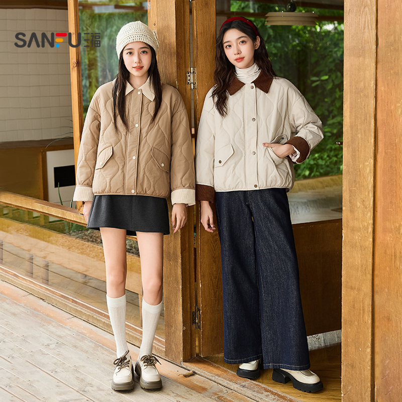 三福棉衣棉服2025新款冬季拼接灯芯绒翻领棉袄小个子宽松外套女装 290元