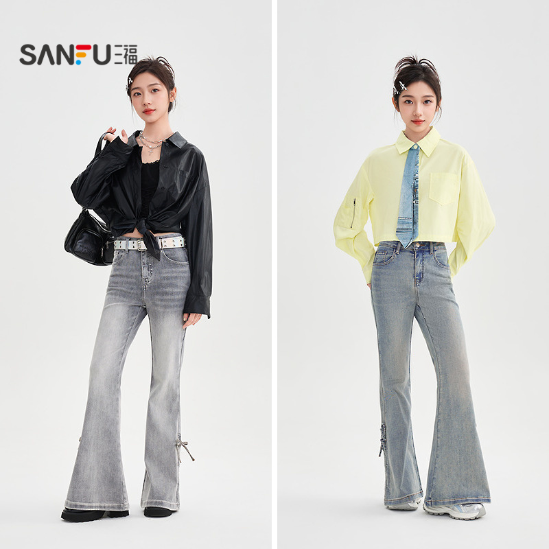 三福牛仔长裤2025新款秋季时尚复古灰色裤子美式喇叭裤女装504798 151.9元