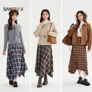 三福格子长裙女2025新款冬季气质流苏摆不规则半身裙子女装509092