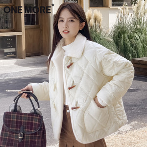 one more粉色棉服女款秋冬2025新款小香风牛角扣仿貂毛保暖棉衣S