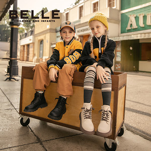 百丽童鞋女童马丁靴秋冬新款男童加绒棉鞋短靴子儿童皮靴中大宝宝