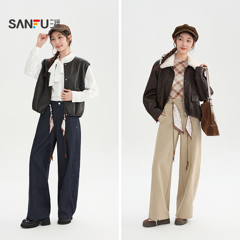 三福休闲裤女2025新款冬季时尚宽松弯刀裤卡其色长裤子女装511699 161.71元