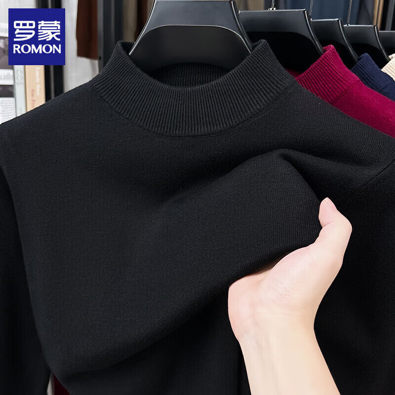 罗蒙（ROMON）半高领纯色男士毛衣 黑色 49元
